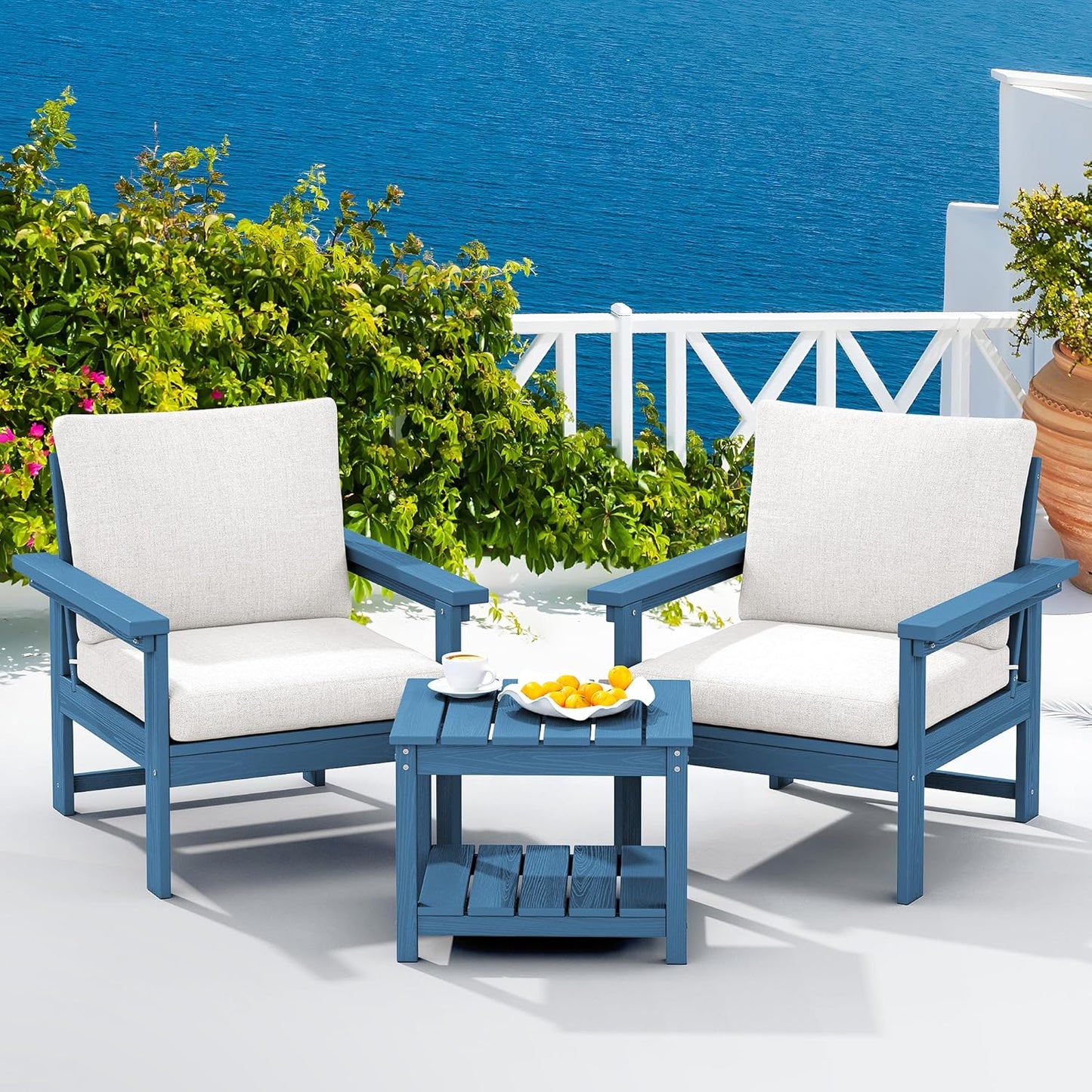 SERWALL HDPE Patio Sofa Set, 3-Piece Sectional Outdoor Furniture Set, All Weather Outdoor Couch Set Patio Furniture Set for Deck, Lawn, Blue Frame with Khaki Cushion