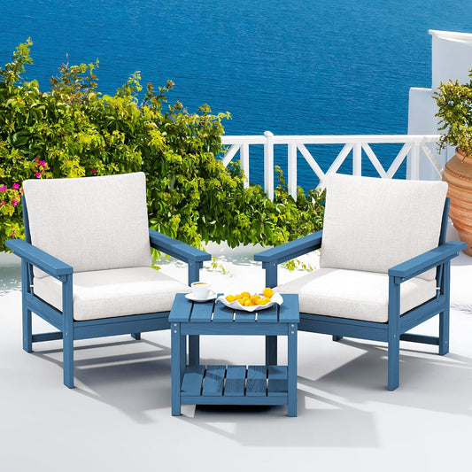 SERWALL HDPE Patio Sofa Set, 3-Piece Sectional Outdoor Furniture Set, All Weather Outdoor Couch Set Patio Furniture Set for Deck, Lawn, Blue Frame with Khaki Cushion