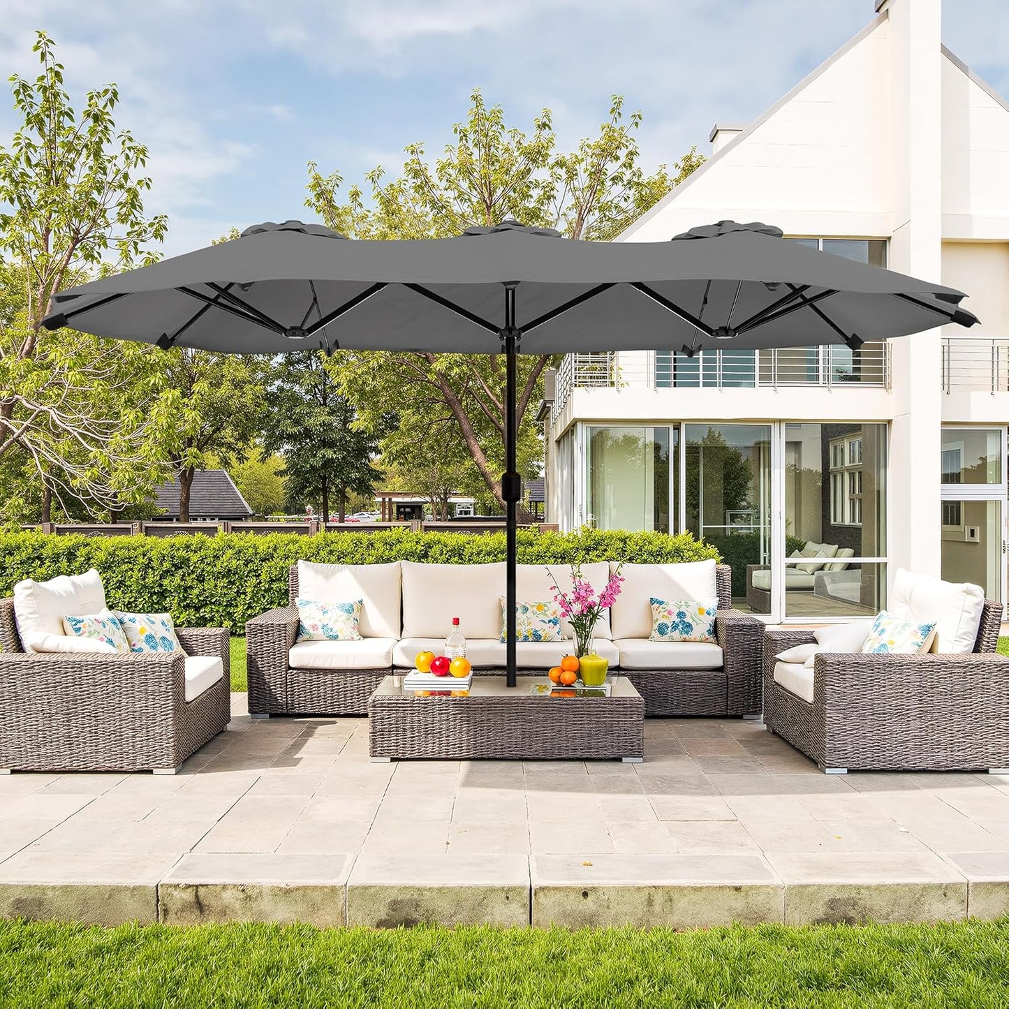 Vongrasig 15FT Large Patio Umbrella with Base Included, Outdoor Double sided Umbrellas with Crank Handle, Rectangle Table Umbrella for Pool Lawn Garden Market