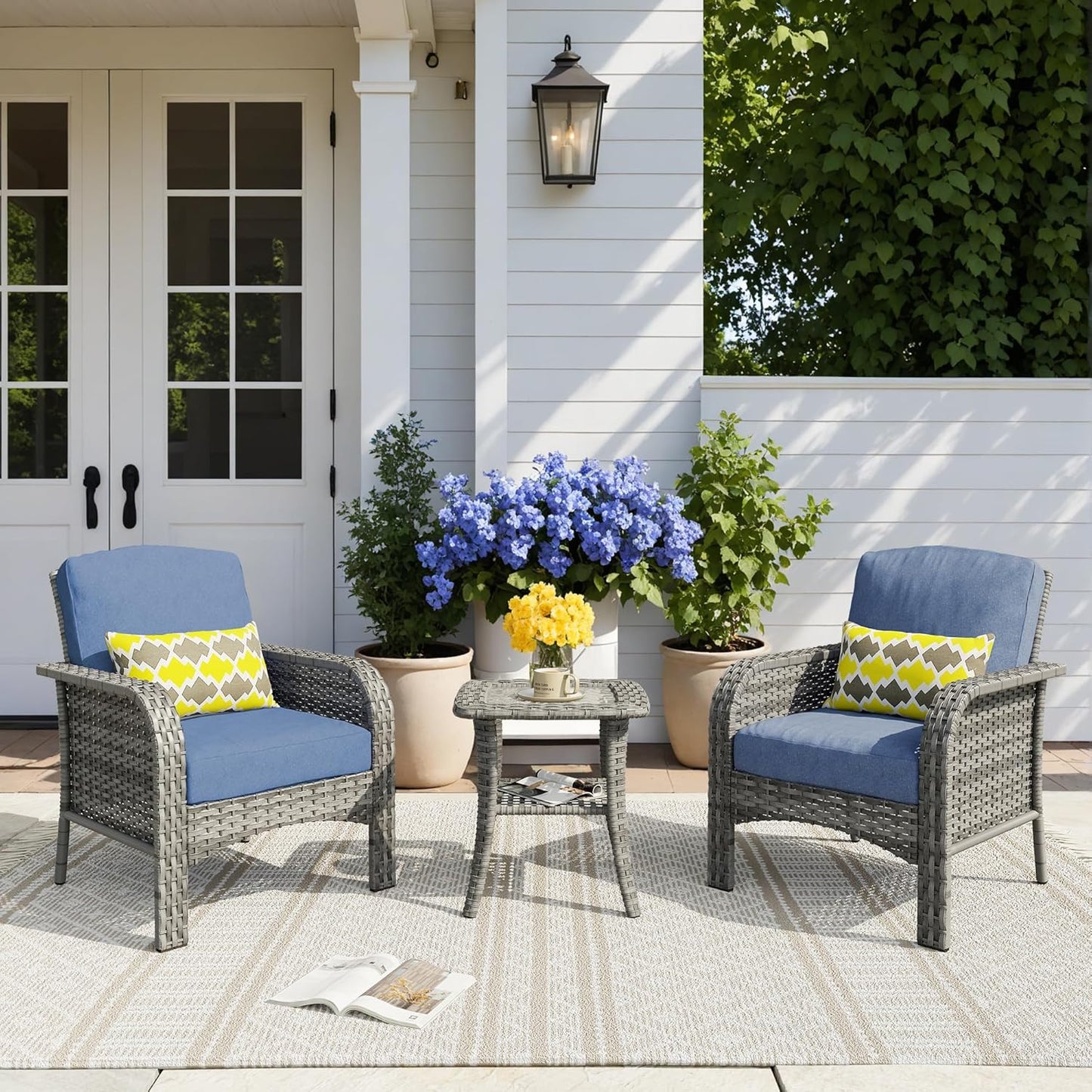 HOOOWOOO Patio Furniture Set,3 Pieces Outdoor Conversation Set,All Weather Wicker Bistro Set Yard Porch High Back Chairs Side Table,Denim Blue