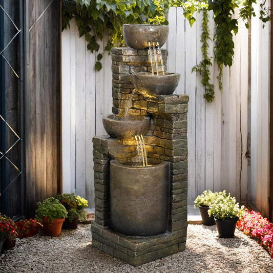 38.2 ''H Cascading Bowls and Stacked Stones with Led Lights Outdoor Water Fountain for Gardens, Landscaping, Balconies, Floor Patio,Backyard and Home Art Decor