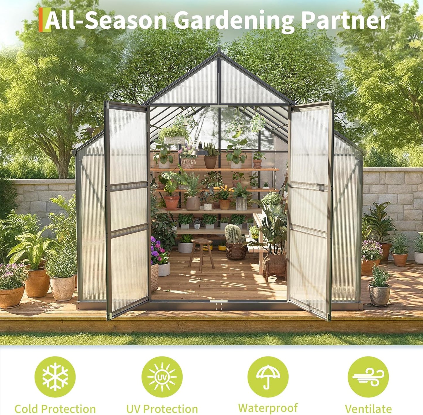 8×14FT Polycarbonate Greenhouse for Outdoors, Large Walk in Green House Kit and Winter Garden Planting, Enhanced Aluminum Green Houses for Outside to Protect Vegetables or Plants