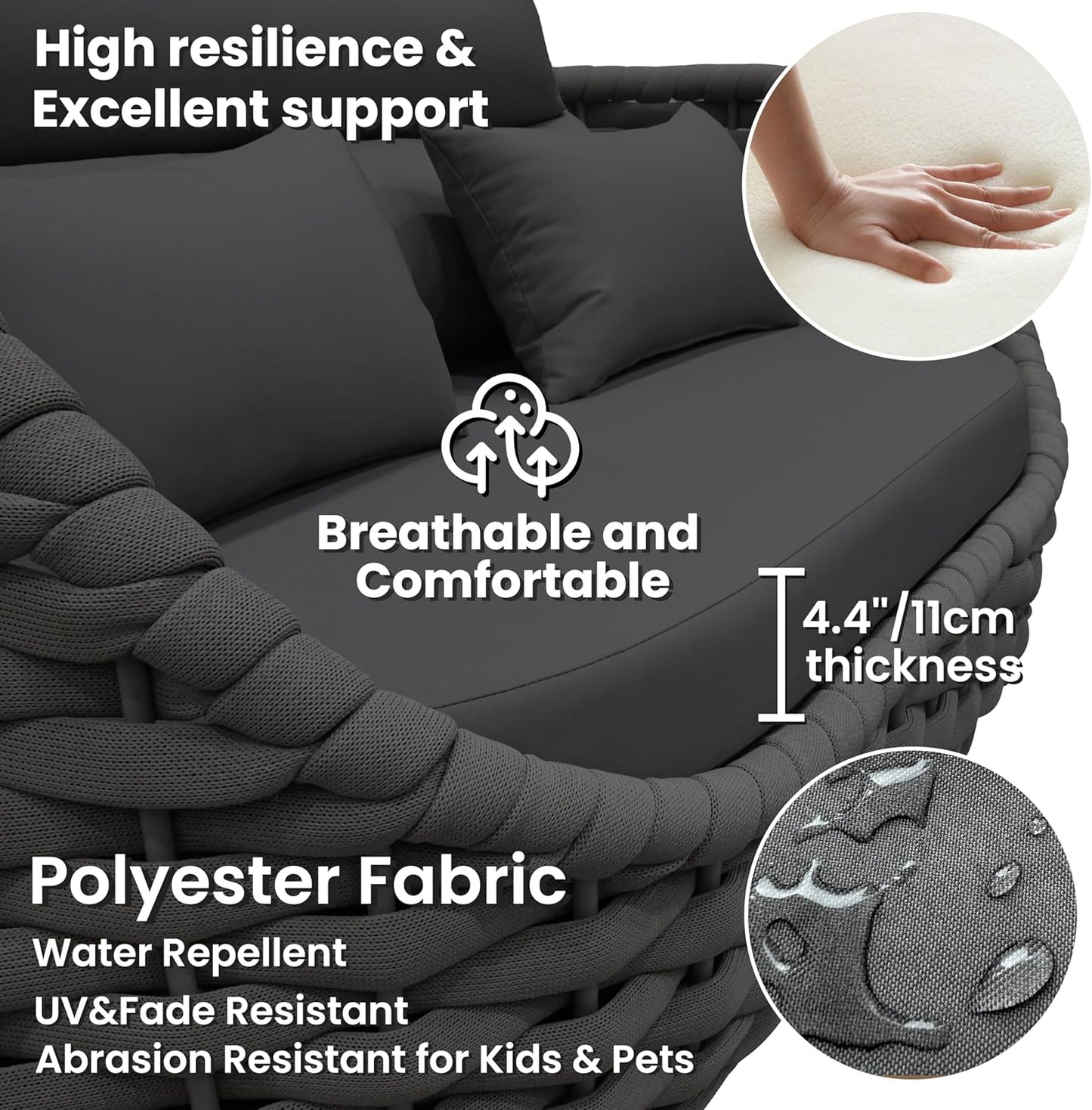 Woven Rope Patio Furniture Set: 4 Pieces Aluminum Outdoor Conversation Sofa Set Assembled - Modern Couch Set Cushioned - All Weather Metal Porch Seating for 5 Person Deck Garden Hotel, Dark Gray