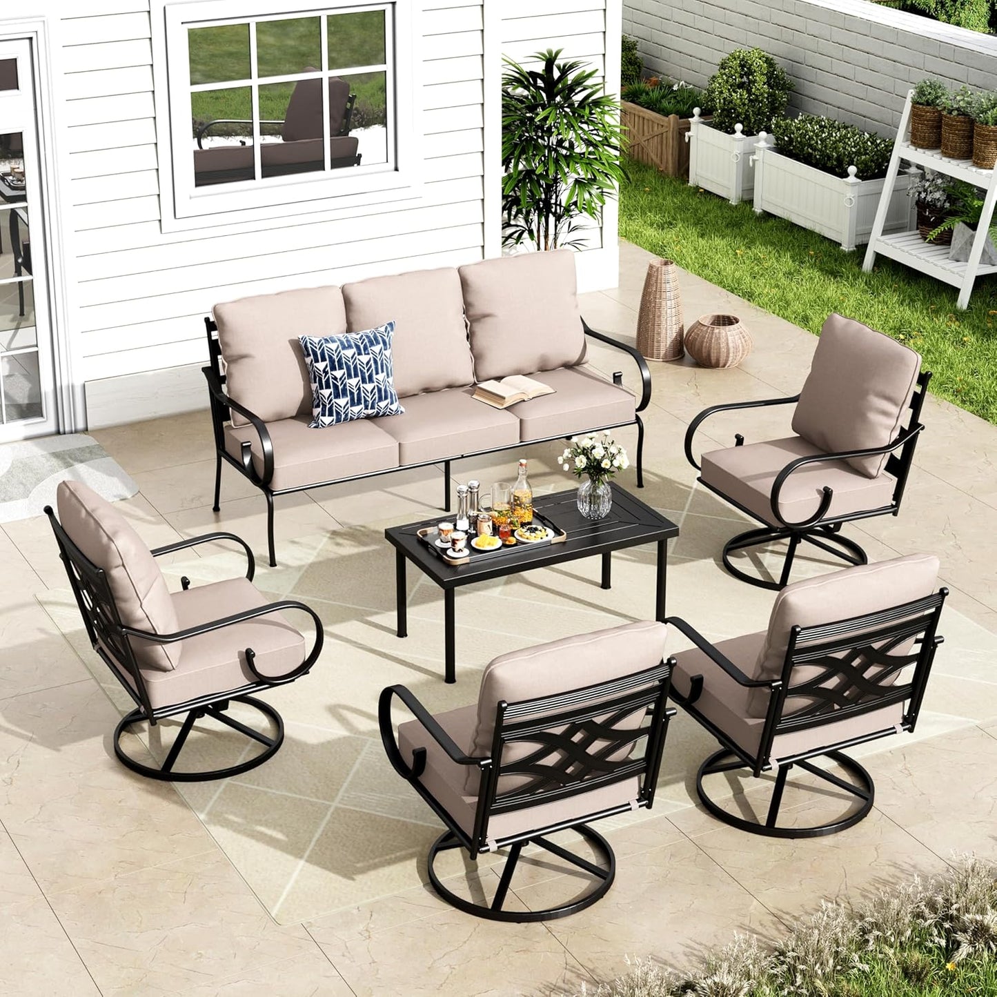 MFSTUDIO 7 Seats Large Metal Patio Conversation Sets, 6 Pieces Outdoor Furniture Sofa with 4 Swivel Chairs, 1 Sofa(3-seat) and Table for Outside Balcony Backyard Poolside