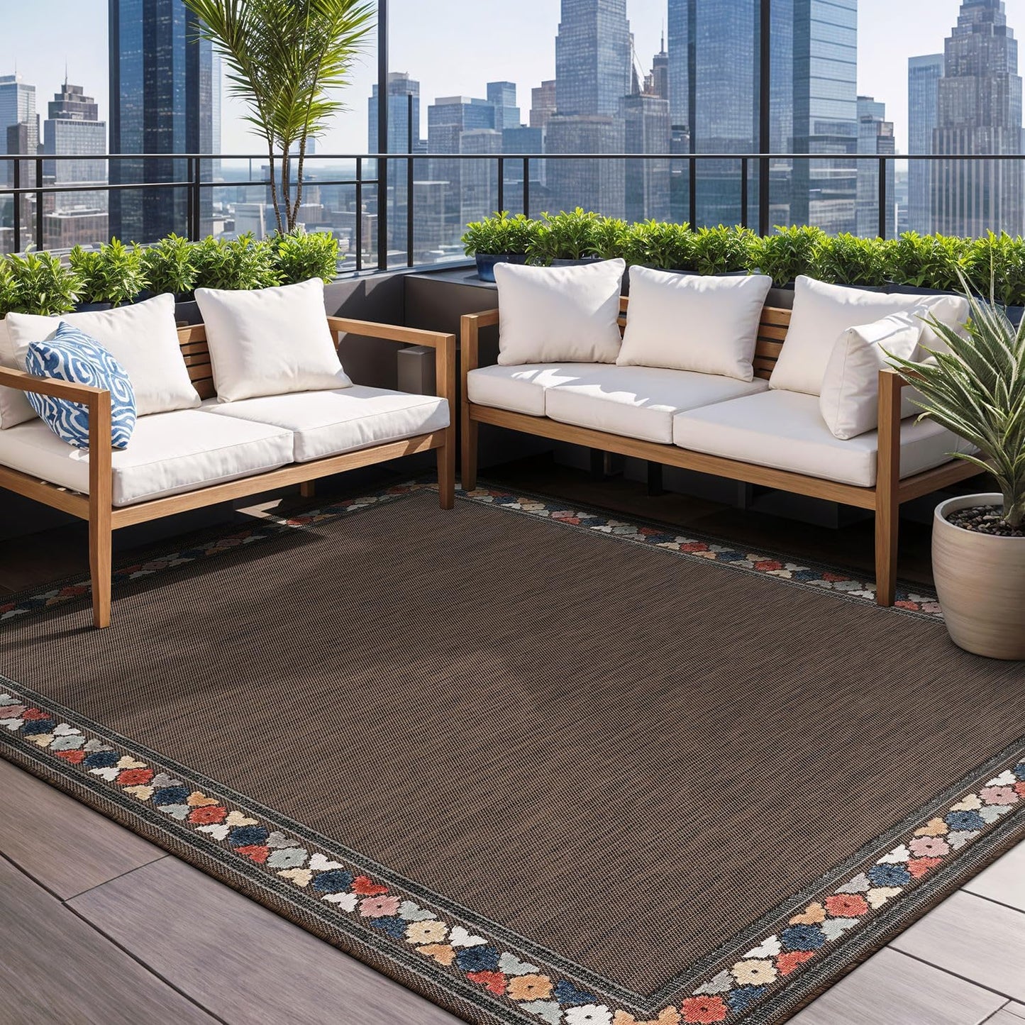 Beverly Rug Outdoor Rug 6x9 Modern Bordered Area Rugs for Indoor and Outdoor Patio Easy to Clean Non Shedding Living Room Porch Garden Washable Outside Carpet (6 x 9 Brown)