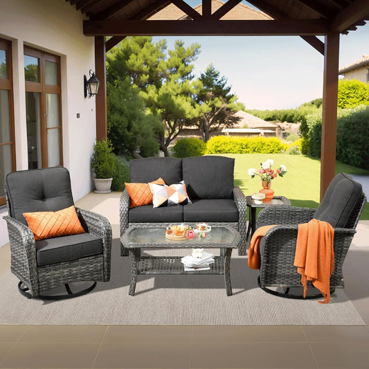 ovios 5 Pieces Patio Furniture Set, Outdoor Wicker Sofa with Swivel Chairs, Coffee Table, All Weather High Back Rattan Loveseat Couch with Comfy Cushions, Black