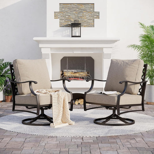 Metal Outdoor Swivel Patio Chairs Set of 2 with 5.75" Extra Thick Cushion, 2 Piece High Back Swivel Rocker Patio Chairs Outdoor Furniture Seating for Deck Balcony Front Porch, Beige