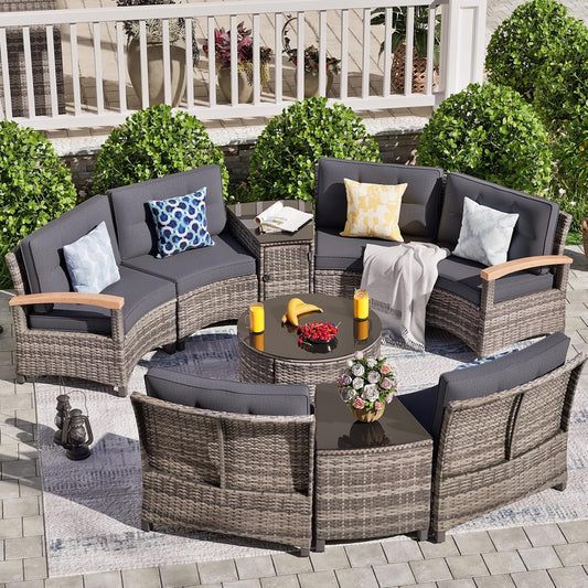 9 Piece Outdoor Patio Furniture Set, Half-Moon Curved Sectional Sofa Rattan Conversation Set with Wood Armrests, Coffee Table & Side Table（Grey）