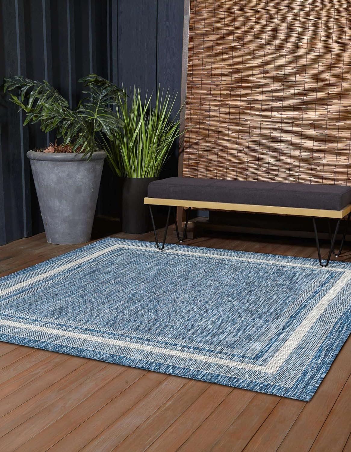 Unique Loom Outdoor Border Collection Area Rug - Soft Border (10' Square Blue/Ivory)