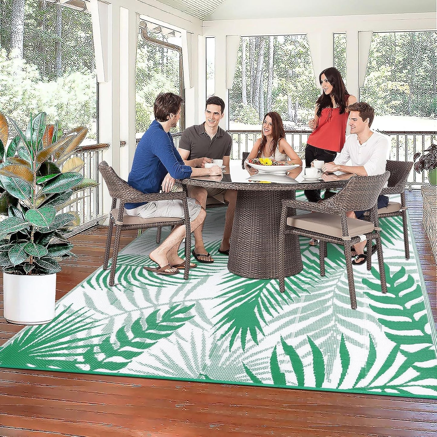 Outdoor Rug 8'x10' Waterproof for Patios Clearance, Reversible Outdoor Plastic Straw Rug Camping Carpet, Outside Floor Mats Large Area Rugs for RV,Patio,Deck,Porch, Beach,Balcony,Green&White