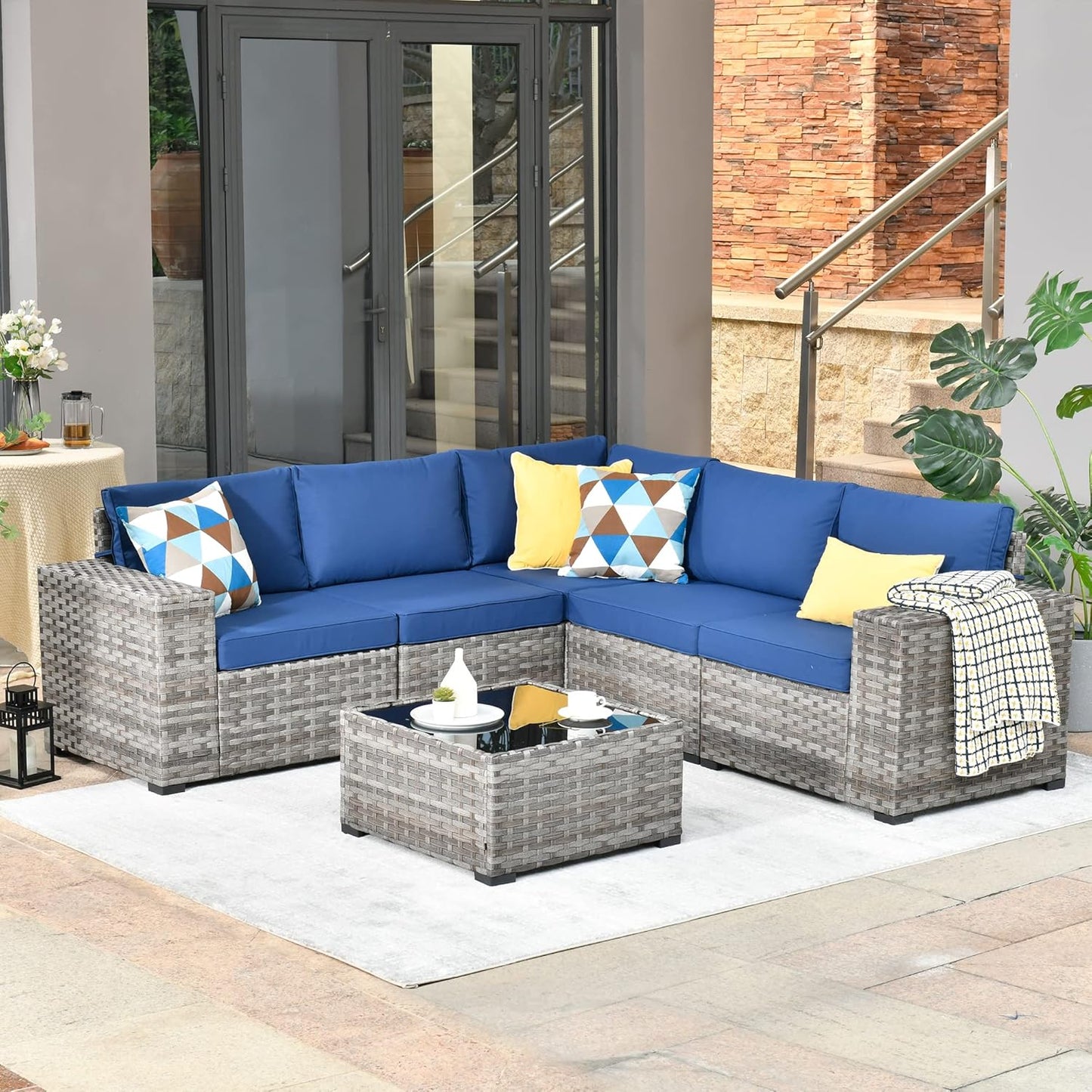 HOOOWOOO Modular Patio Outdoor Sectional Furniture Set,6 Piece Wicker Conversation Sofa Set,Out Door Couch Set with Wide Arm for Outside All Weather(Navy Blue)