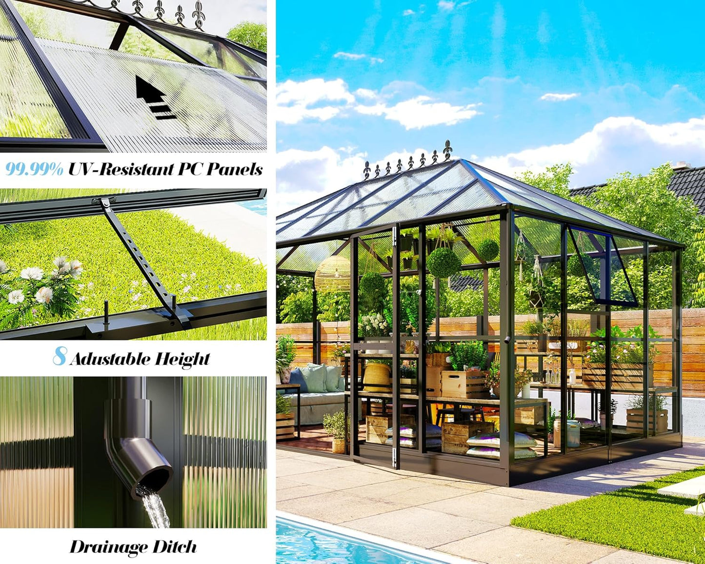 Jocisland 14x9.5x9 FT Polycarbonate Greenhouse with Clear Panels- 6 FT Wall Height Outdoor Aluminum Greenhouses with 2 Vents, Double Doors with Hook, Walk-in Greenhouse for Backyard Garden