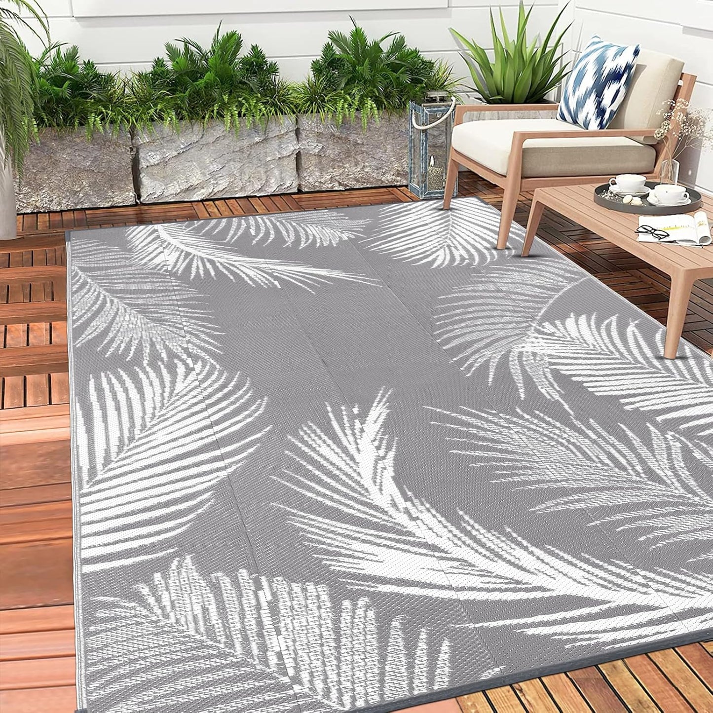 Pauwer Outdoor Rug, 6'x9', Leaf Grey, Reversible, Waterproof, Polypropylene, Lightweight, RV Mat, Patio Decor