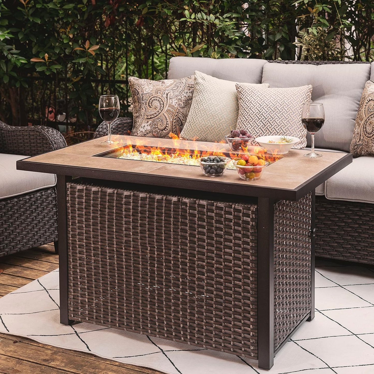 Nuu Garden Outdoor 43 Inch 50,000 BTU Propane Gas Fire Pit Table, Propnae Fire Pit with Ceramic Tabletop, Oxford Cover, Dark Brown and Coffee