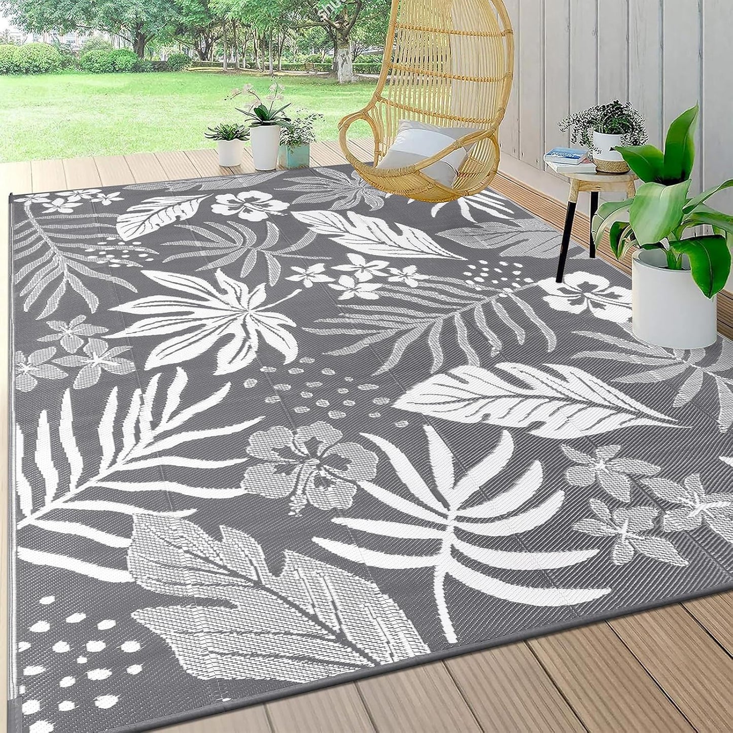 Pauwer Waterproof Outdoor Rug 9x12, Reversible Plastic Straw Patio Camping Rug, Indoor Outdoor RV Mat Carpet for Deck, Camper, Porch, Balcony, Backyard, Picnic, Floral Grey
