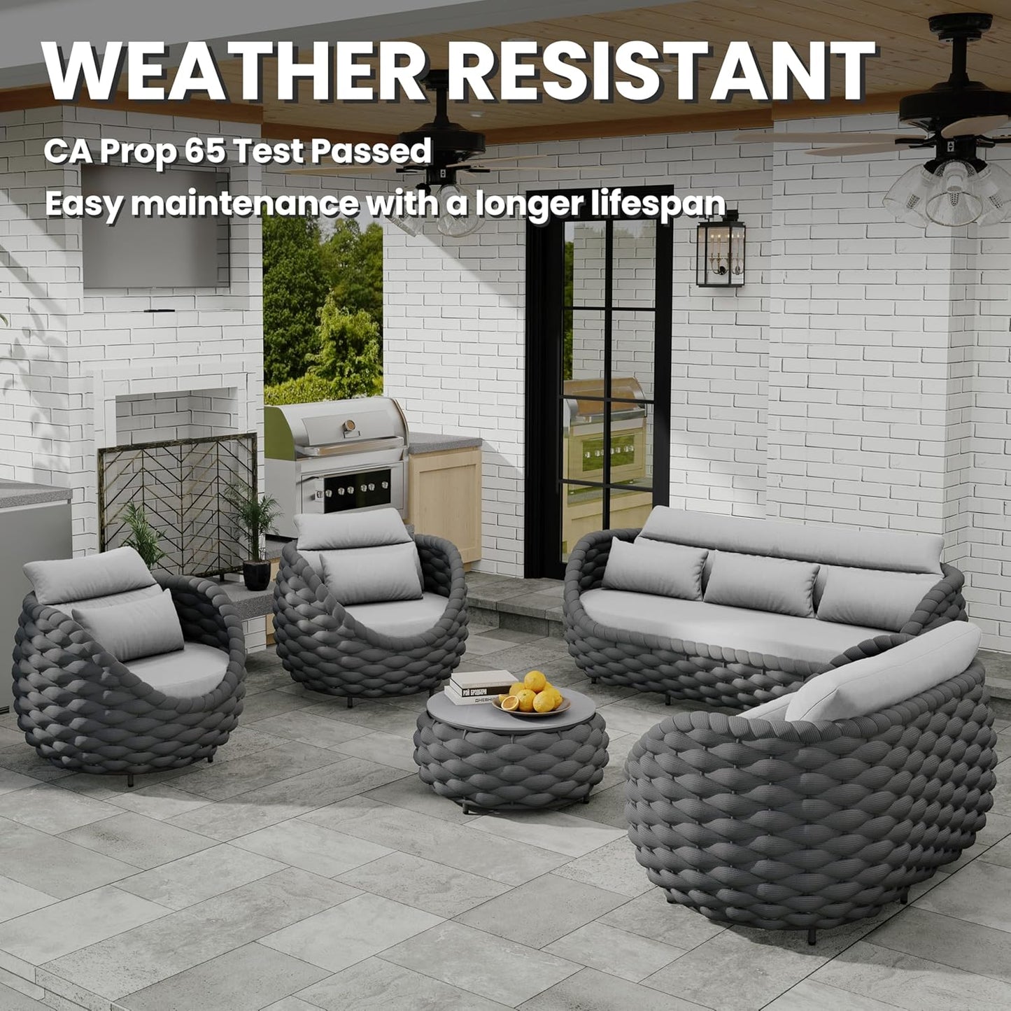 Lanai Outdoor Furniture Sofa Set: 6-Piece Aluminum Woven Rope Patio Conversation Set w/Table - Modern Cushions Couch Set - No Assembly Porch Seating for Deck Yard Garden Pool Hotel Resort