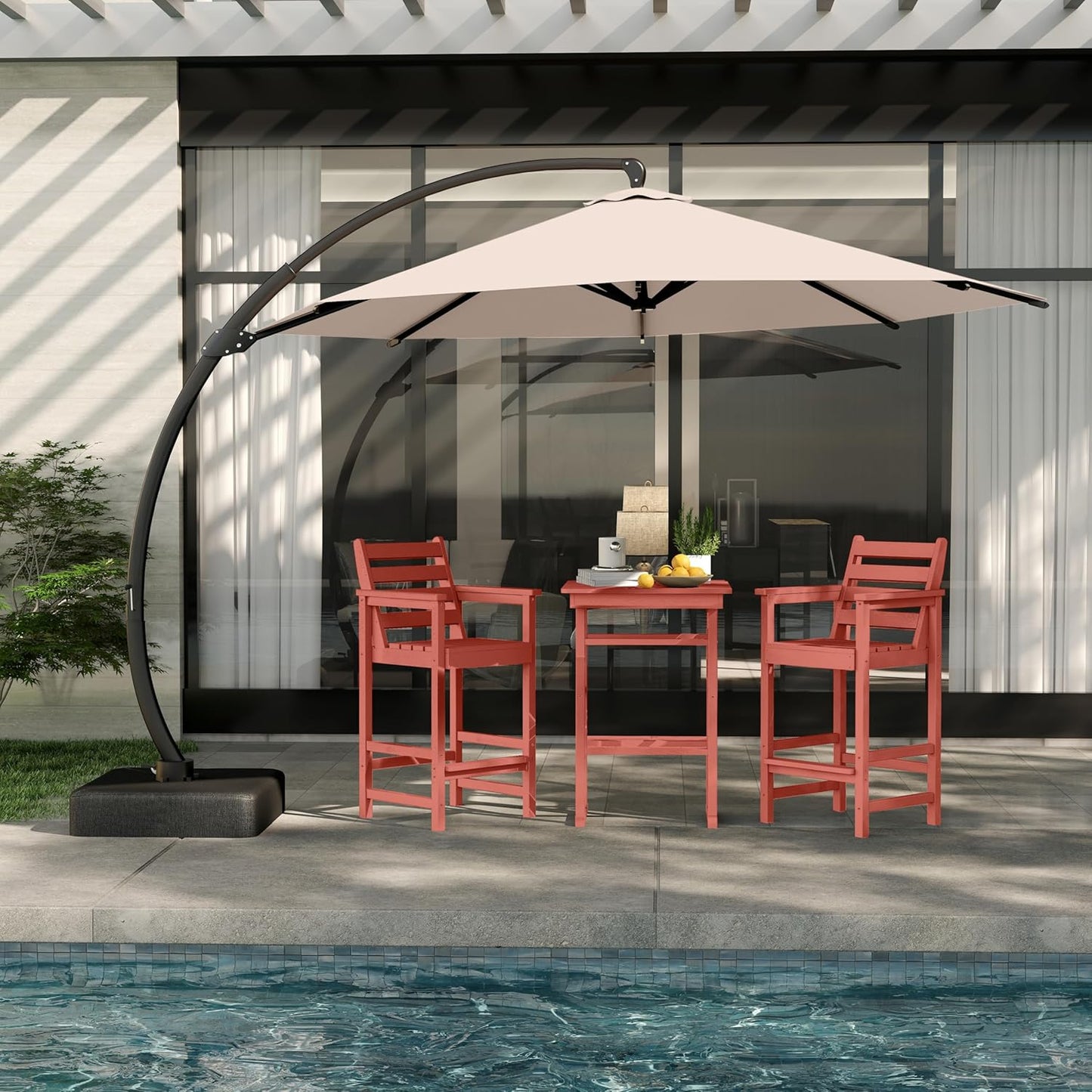 3-Piece Outdoor Bar Set with Beige 11FT Cantilever Umbrella, HDPE Tall Balcony Adirondack Chairs and Table, Outdoor Bar Stools for Patio (Terracotta)