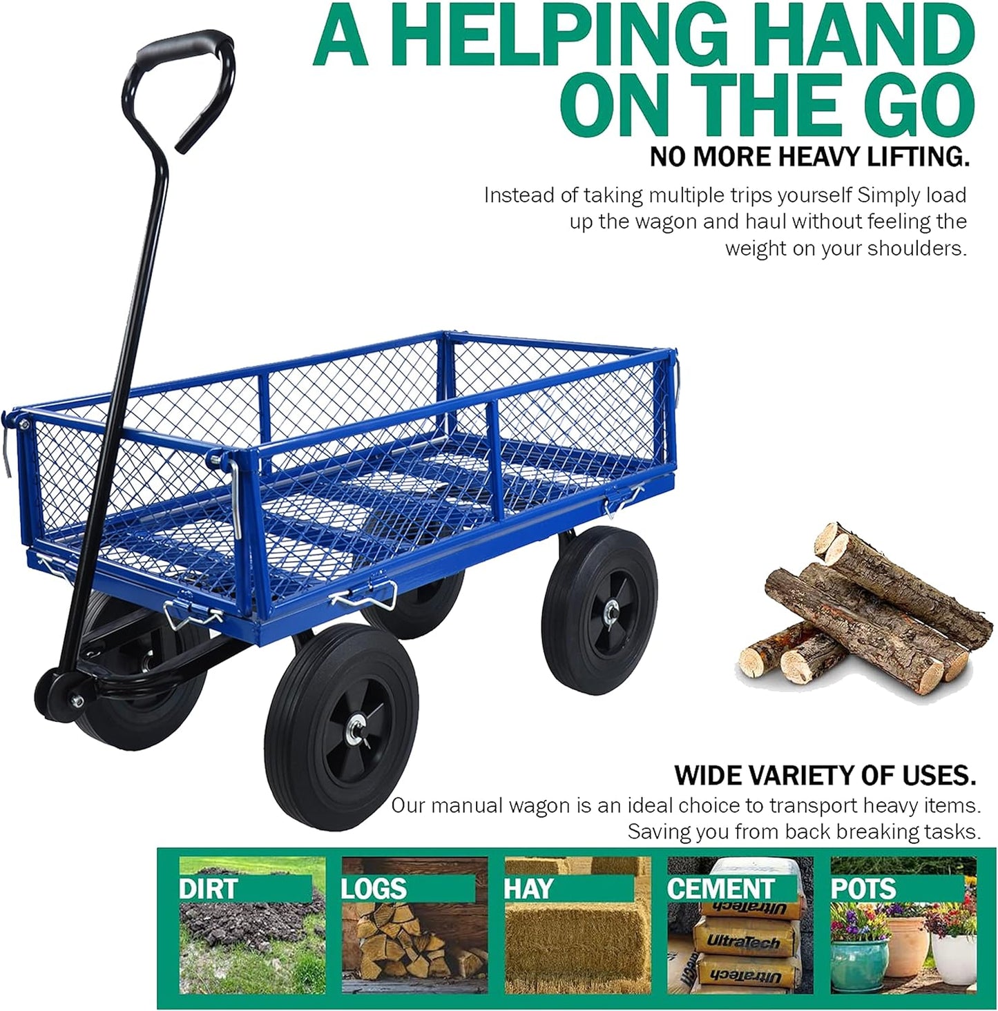 Solid Wheels 10" Flat Free Tires Steel Garden Wagon cart A Large-Capacity mesh with a Load of 1100LBS,with Detachable Side and no Pneumatic Tires,can be Used in Farms,Warehouses,etc.