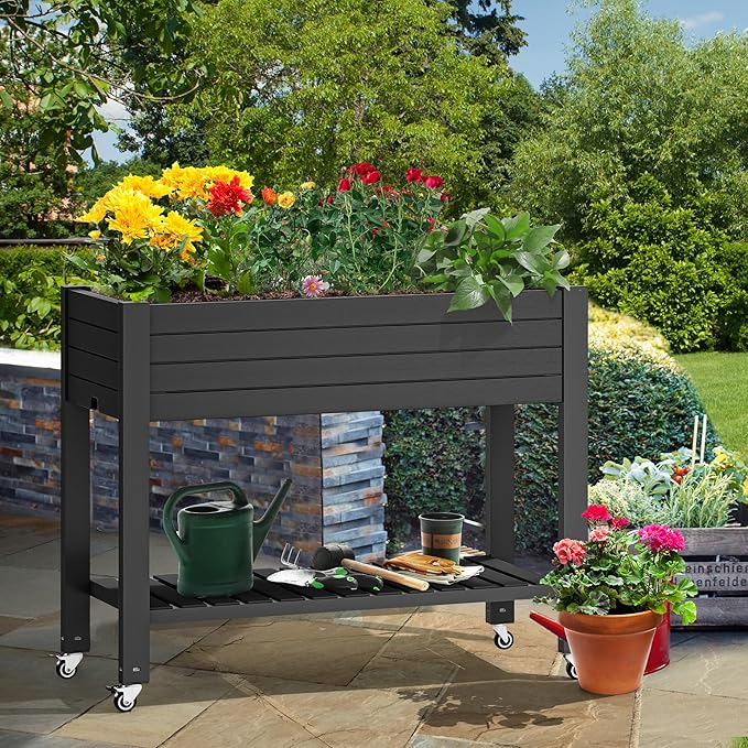 YITAHOME 43.3x17.7x34 in Elevated Garden Bed, Outdoor Plastic Planter Box with Wheels, Legs, Drain Plug, and Storage Shelf for Plants, Vegetables, Flowers, Herbs, Black