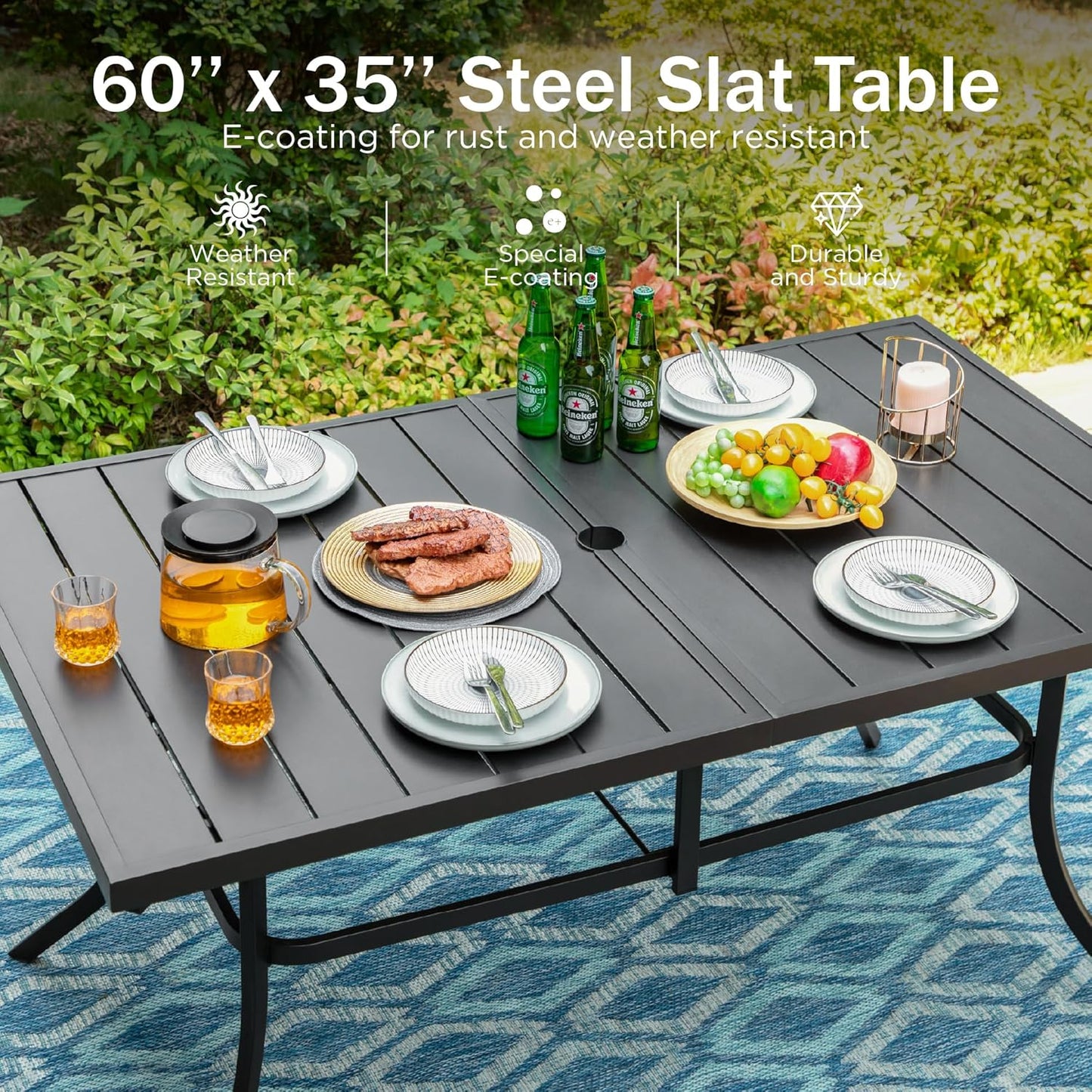 PHI VILLA 6-Person Outdoor Metal Steel Slat Dining Rectangle Table with Adjustable Umbrella Hole, Weather-Resistant for Patio Outdoor Use, Black