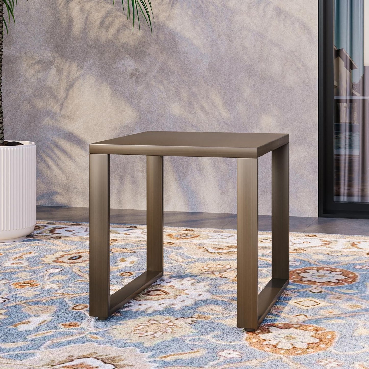 Outdoor Metal Side Table - 20"x 20" Small Square Coffee Table Patio Bistro Set Ideal Match for Patio Furniture, Wood-Looking Brown