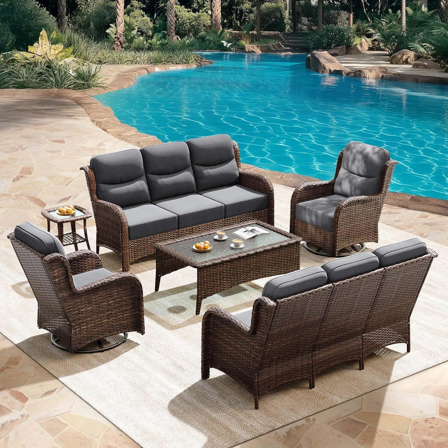 HILLGA Luxury Patio Furniture Set with 6-Inch Thick Cushions, High Back Outdoor Swivel Rocker Chairs and Patio Couch, 6-Piece All Weather Conversation Set for Porch Deck Pool Yard, Dark Grey (V3)