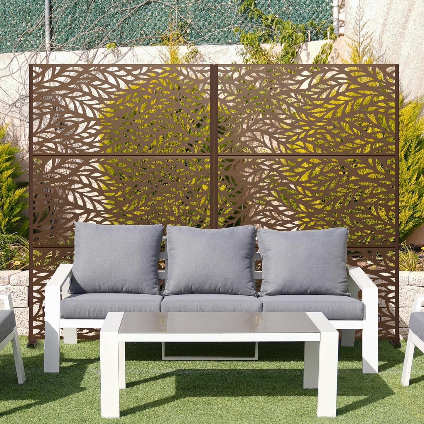 Metal Privacy Screen Outdoor 72" H×47" W,Freestanding Decorative Privacy Screen for Balcony Yard&Garden,Privacy Fence-Brown&Leaf