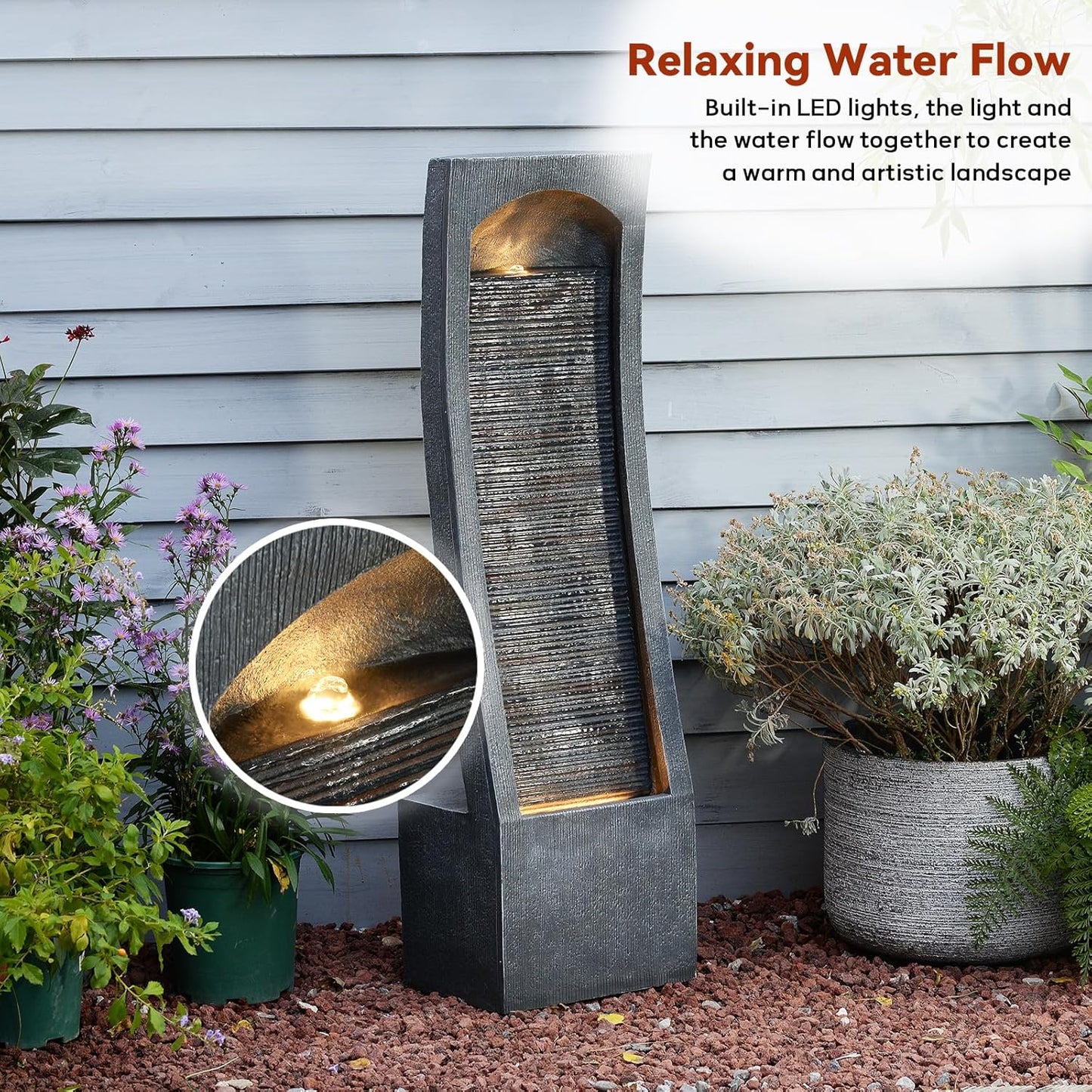 42.3" H Water Feature Outdoor Faux Slate Contemporary Waterfall Fountain Indoor for Garden, Backyard, Deck, Porch and Home Art Decor Large Outdoor Fountain with Lights