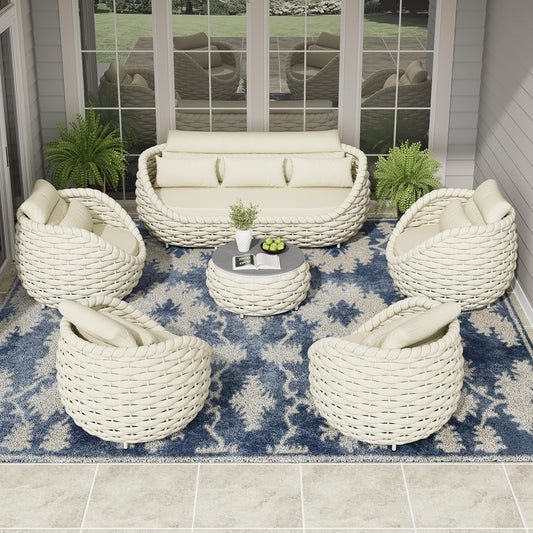Woven Rope Outdoor Sofa Set: 6 Pieces Aluminum Patio Conversation Set Assembled - All Weather Cushioned Porch Furniture Couch - Modern Metal Lounge Set for Deck Yard Resort Hotel Sunroom, Beige