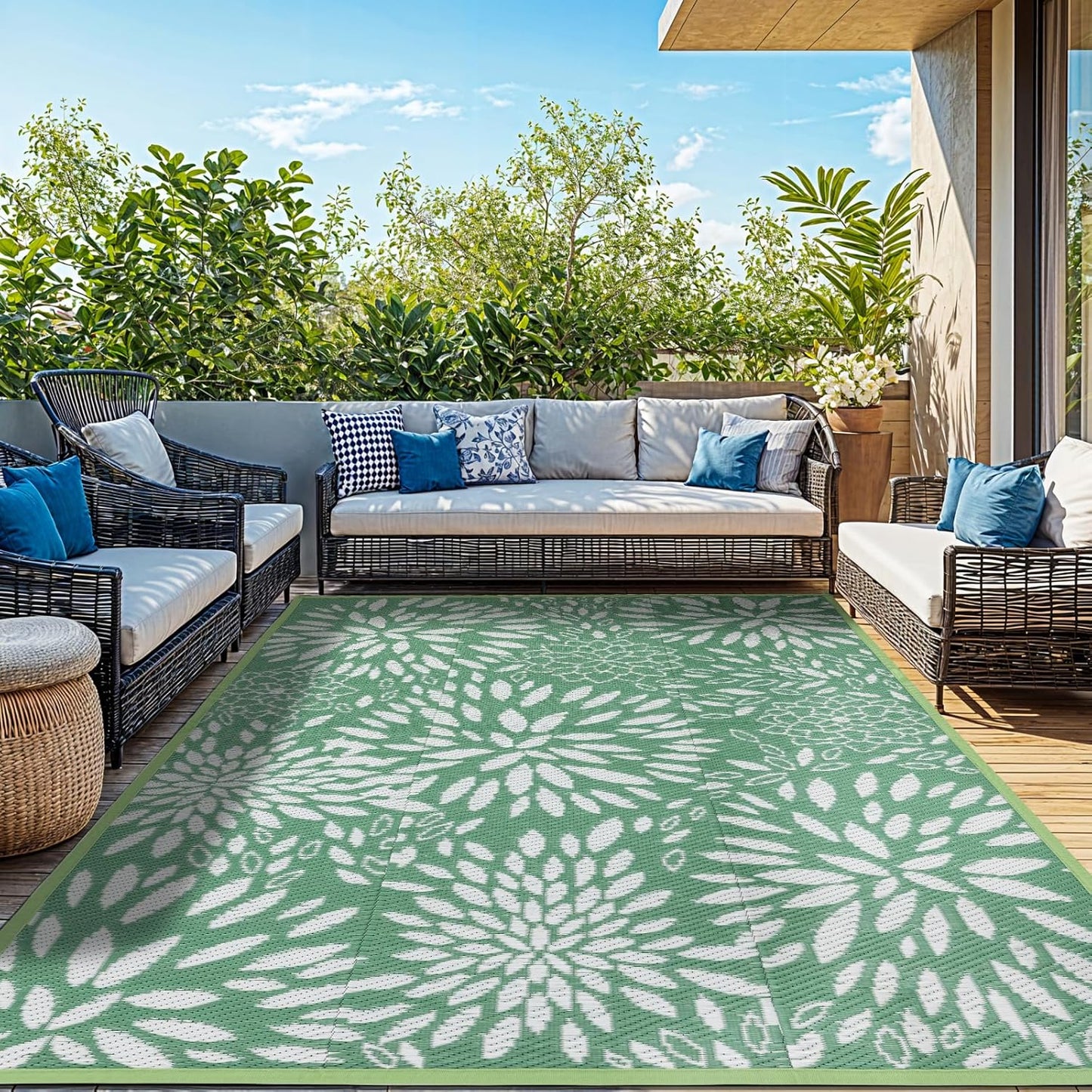 5'x8' Reversible Outdoor Rug - Eco-Friendly Plastic Straw Rug-Heavy-Duty Waterproof Mat, UV & Fade Resistant for Patio, Camping, RV, Deck, Balcony(5x8,Lake Blue&Floral)