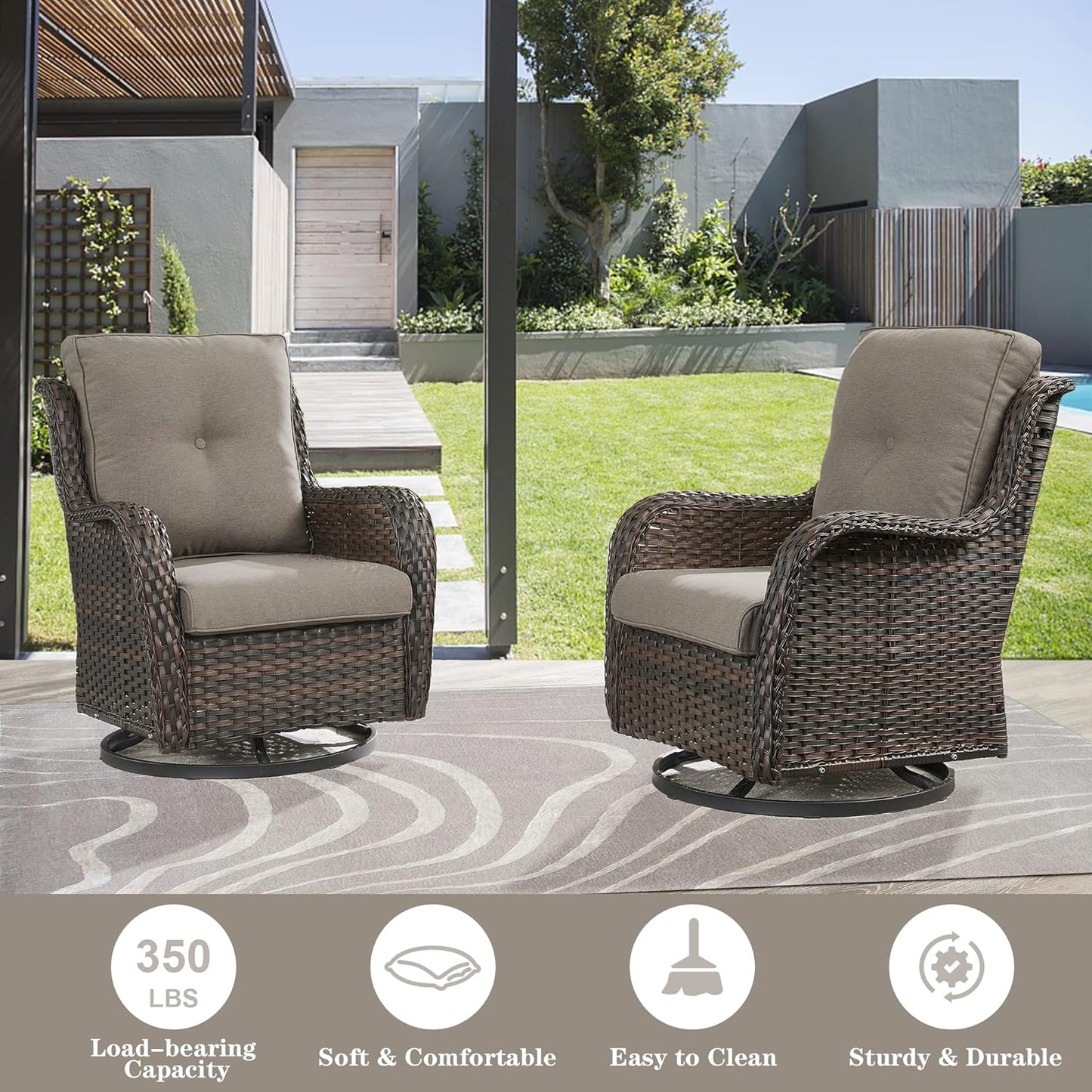 Wicker Outdoor Furniture Patio Furniture Set - 6 Piece Patio Conversation Set with Swivel Rocker Chairs, Loveseat Sofa, Ottomans and Coffee Table, Gray Cushion