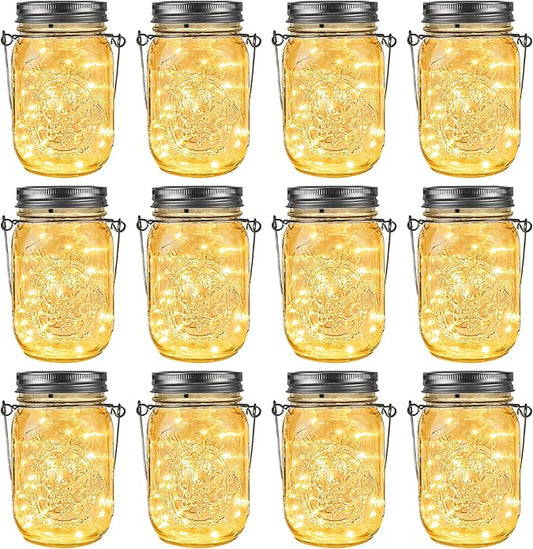 GIGALUMI Solar Mason Jar Lights, 12 Pack 30 Led String Fairy Lights Garden Lights Outdoor Waterproof Metal Lid Hanging Solar Lanterns for Outdoor, Garden, Patio, Lawn, Balcony Decoration