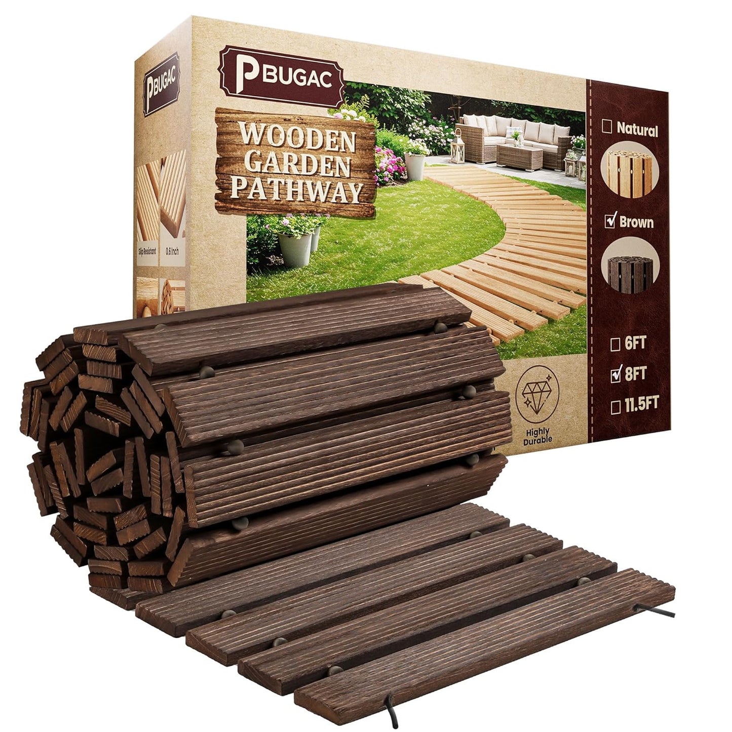 8FT Wooden Garden Pathway, Roll Out Walkway for Patio, Backyard and Outdoor Decor, Weatherproof, Non Slip and Easy to Install, Perfect for Beach, Wedding or Lawn (Brown)