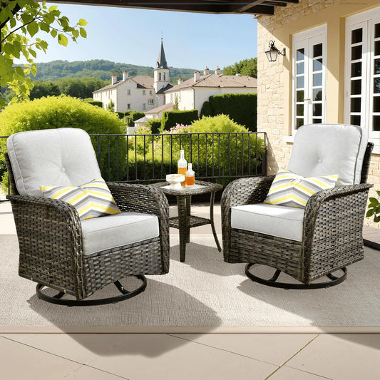 ovios 3 Pieces Patio Furniture Set, Outdoor Rocking Chairs of 2, Wicker Swivel Glider Chairs with Side Table Thick Cushions, All Weather Rattan Bistro Set for Porch, Grey