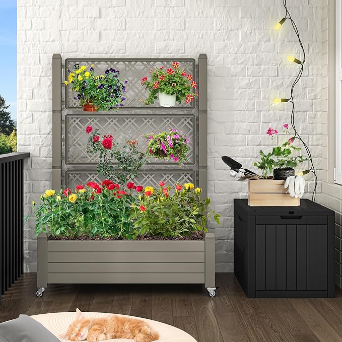 YITAHOME 3.6x1.5x5 FT Planter Box Trellis with Wheels, Large Outdoor Plastic Raised Garden Bed with Drain Plug for Climbing Plants, Light Brown