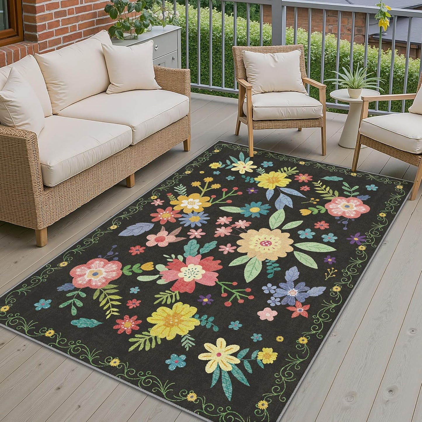 GENIMO Indoor Outdoor Area Rug 4' X 6' Waterproof, Washable Patio Rug Non Shedding, Easy Cleaning Floral Outdoor Carpet for Living Room, Bedroom, Dining Room, Balcony, Backyard, Deck, RV, Black