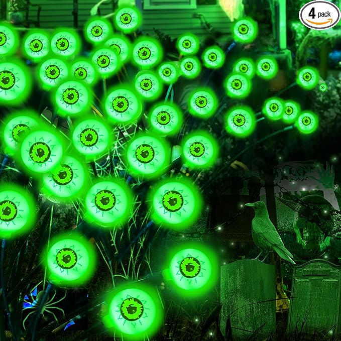 4 Pack Green Solar Eyeball Halloween Lights - Outdoor, Waterproof, Swaying Fairy Lights for Pathway, Yard, Garden Decorations