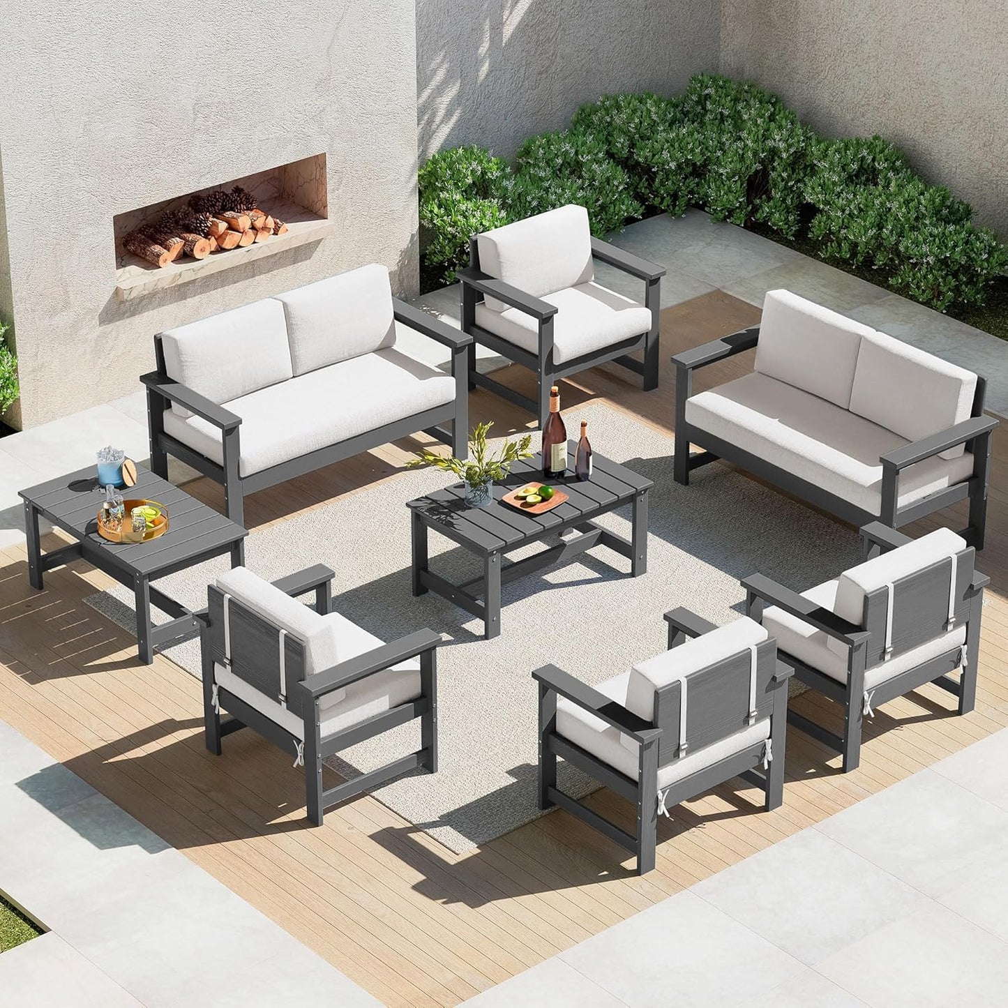 SERWALL 8 Pieces HDPE Outdoor Conversation Sofa Set with Cushions, All Weather Use Couch Loveseat Furniture Set with Pads, Outdoor Social Sofa Coffee Table Set, Grey Frame with Khaki Cushions