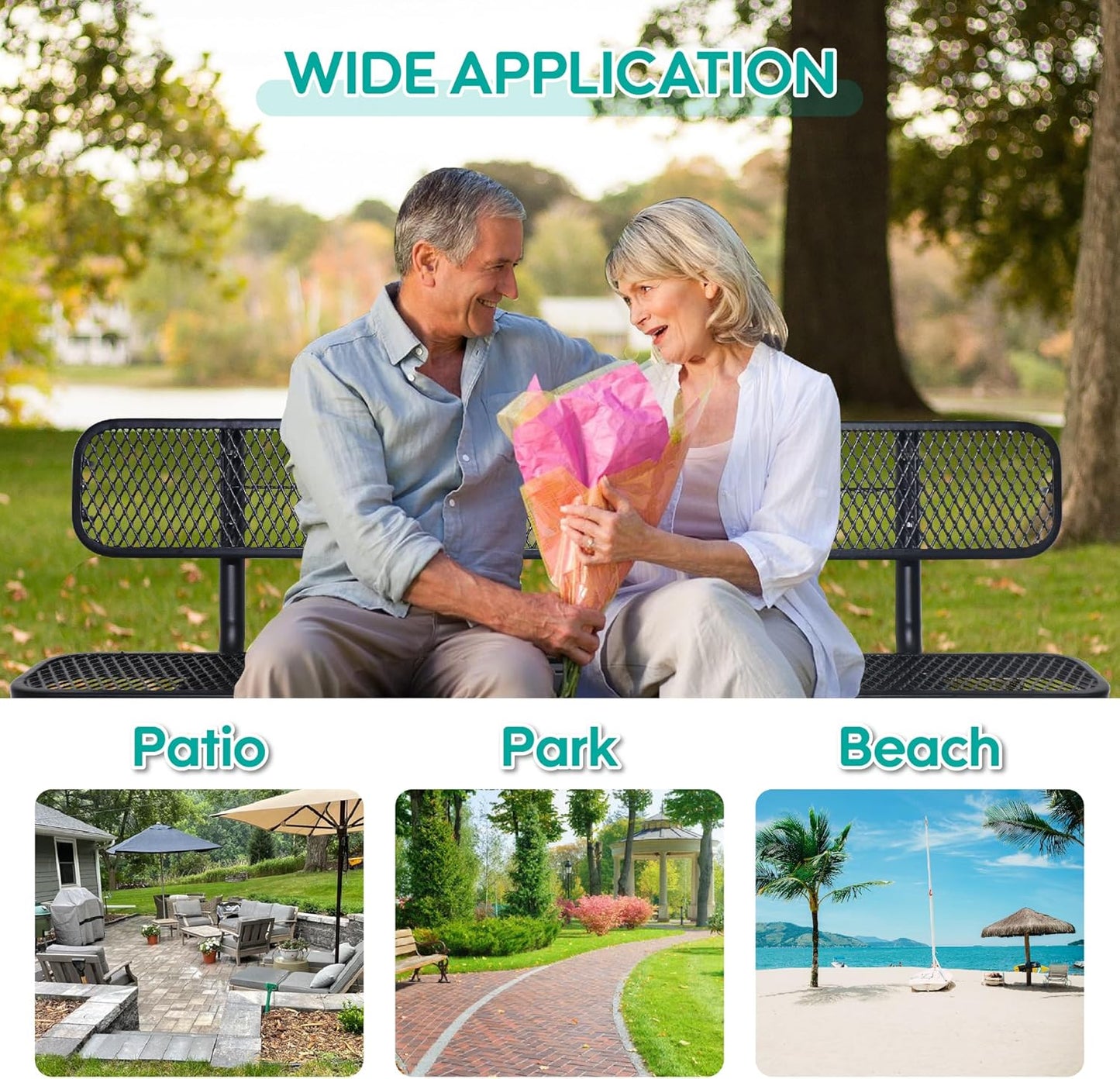 8 Feet Heavy Duty Metal Park Bench for Outside, Outdoor Bench with Backrest & Portable Frame, Commercial Benches for Shopping Malls, Stores, Parks, Patios, Decks, Black