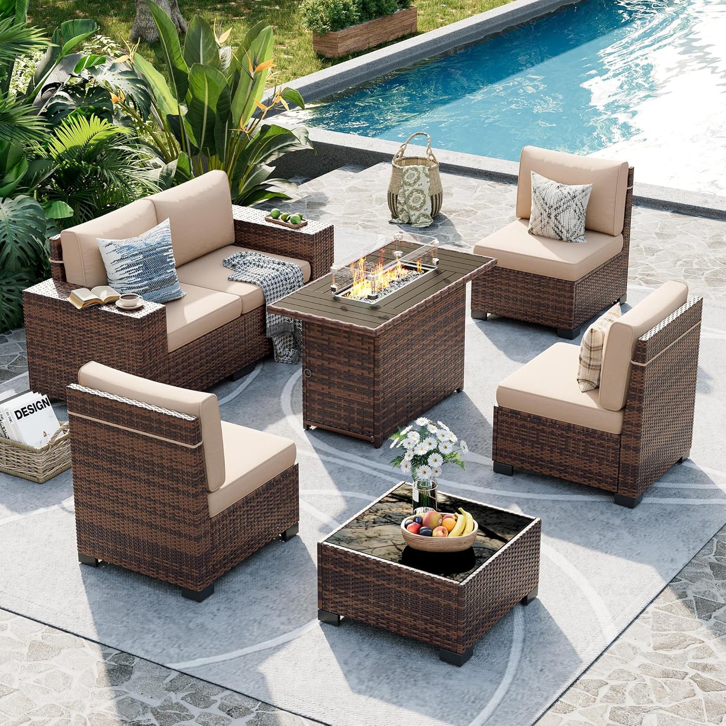 UDPATIO Patio Furniture Set with Fire Pit Table, 8 Inch Armrest Outdoor Sectional Sofa, 7 Piece Wicker Outdoor Furniture Conversation Sets with Waterproof Cover for Backyard Deck(Brown/Khaki)