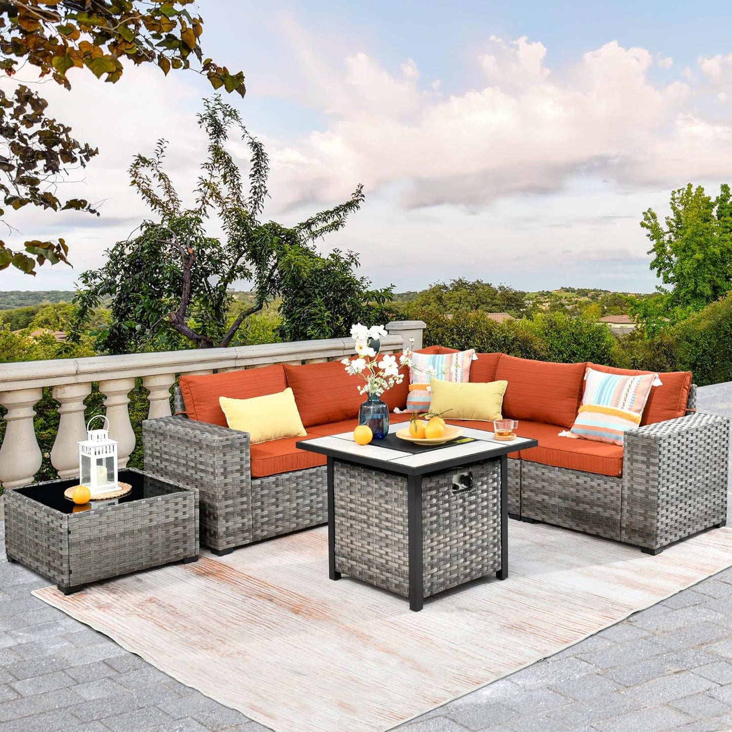 HOOOWOOO Modular Patio Outdoor Sectional Furniture Set with Gas Propane Fire Pit Table,7 Piece Wicker Conversation Sofa Set,Out Door Couch Set with Wide Arm Outside(Orange Red)