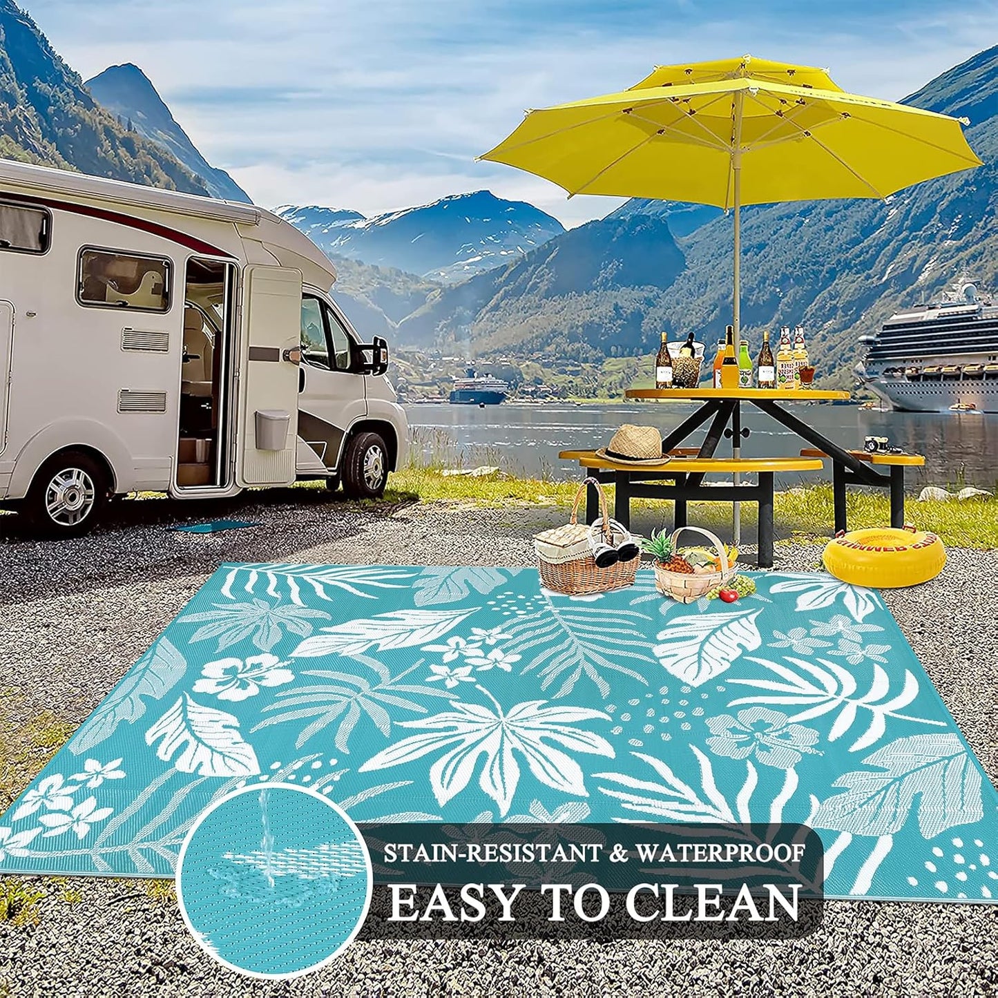Pauwer Waterproof Outdoor Rug 8x10, Reversible Plastic Straw Patio Camping Rug, Indoor Outdoor RV Mat Carpet for Deck, Camper, Porch, Balcony, Backyard, Picnic, Floral Teal