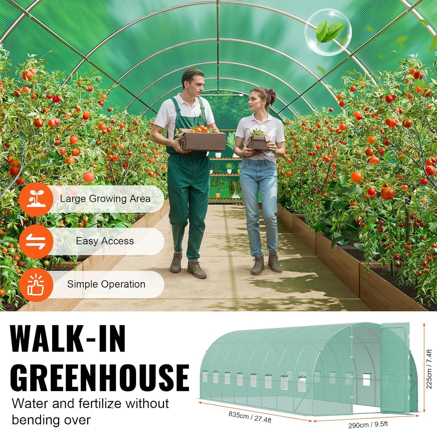 VEVOR Walk-in Tunnel Greenhouse, 27.4x9.5x7.4 ft Hoop House Greenhouse Tunnel, Plant Hot House with Galvanized Steel Frame, Green PE Cover, Swing Door and 16 Roll-up Windows for Outdoor