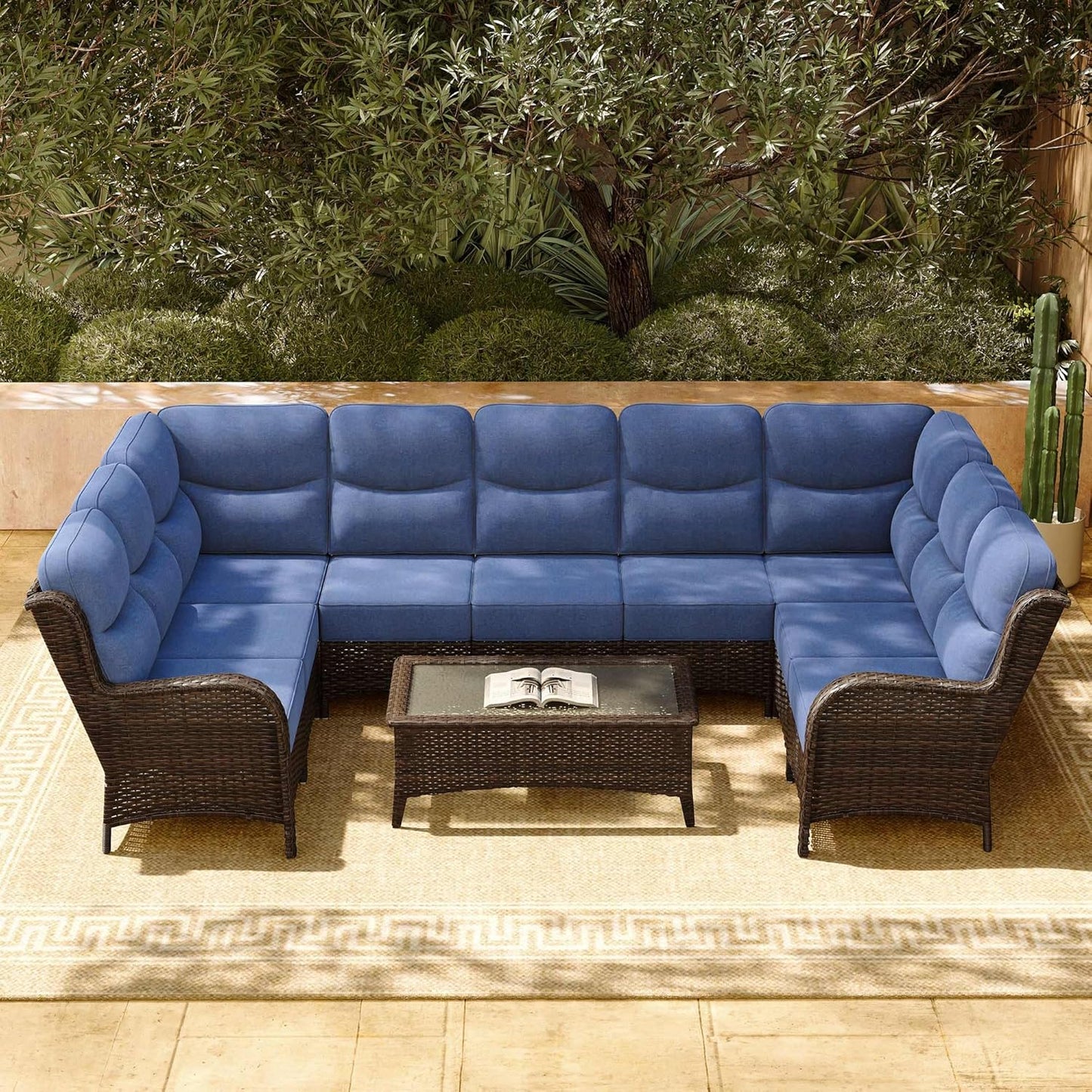 HILLGA Luxury Patio Furniture Set with 6-inch Thick Cushion, Outdoor Sectional Sofa and Coffee Table, 2PCS Wicker Conversation Set for Deck Yard and Poolside, Blue (V2)