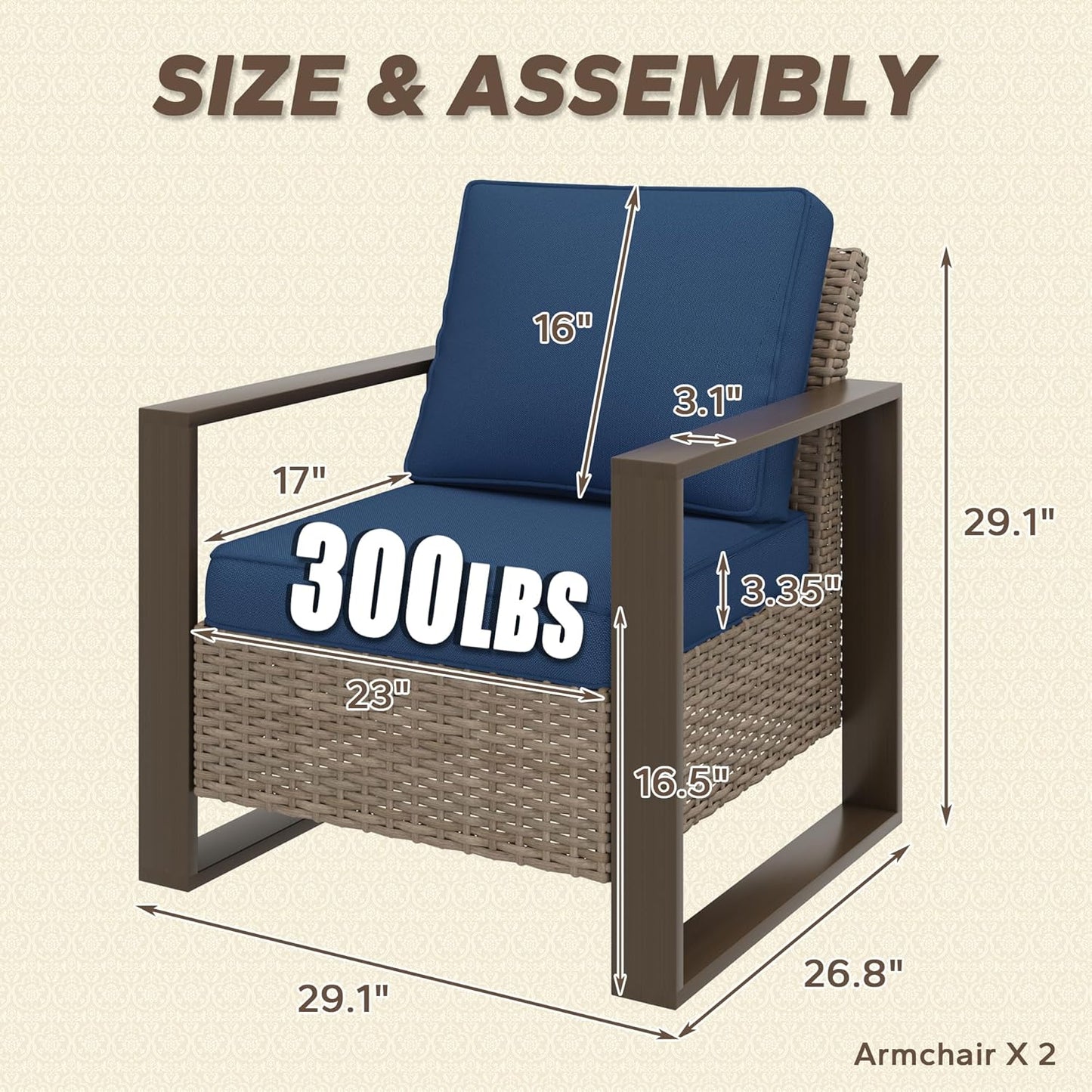 Patio Metal Wicker Chairs Set of 2, All Weather Outdoor Rattan Dining Chairs with Rectangular Framed Wood-Looking Armrest & Fade-Resistant Cushions for Deck Balcony Backyard, Dark Blue