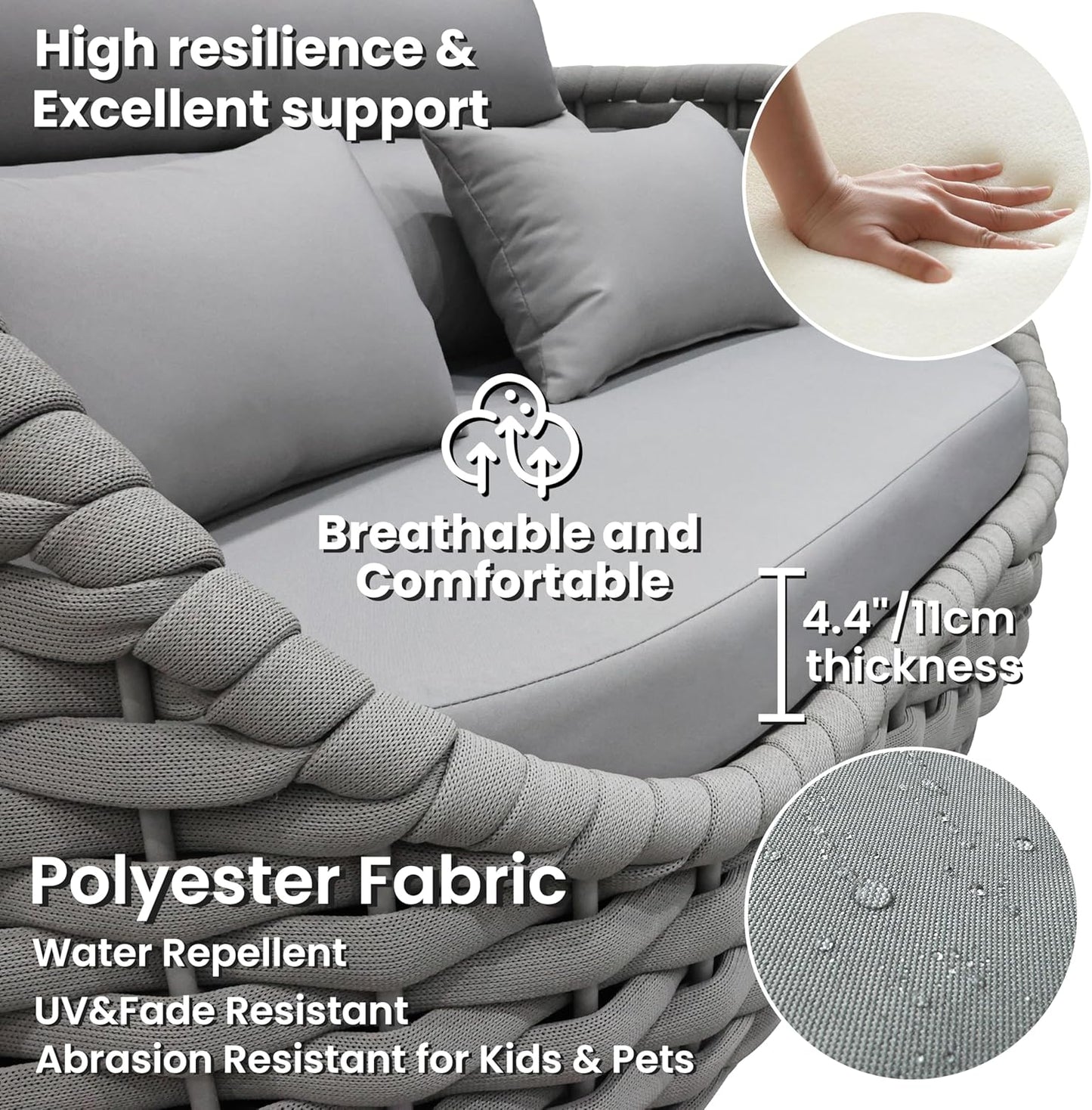 Woven Rope Patio Sofa Furniture Set of 4: Aluminum All Weather Outdoor Conversation Set, Couch Armchair and Loveseat Set with Table Cushions for Deck Porch Poolside Garden Backyard Hotel - Gray