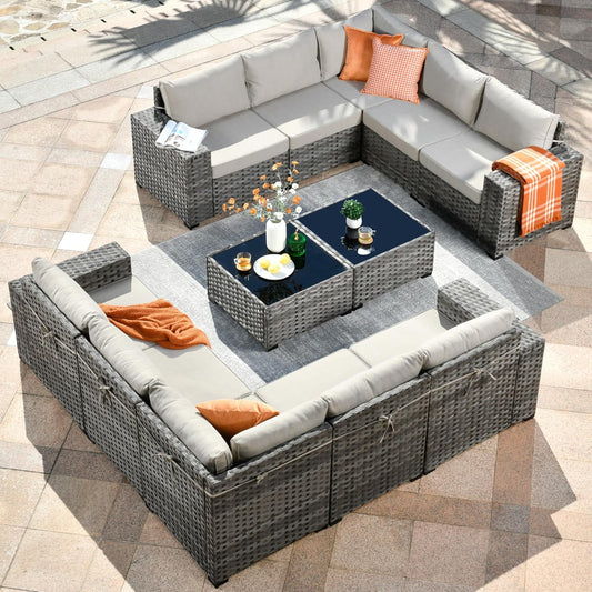 HOOOWOOO 12 Piece Modular Patio Outdoor Sectional Furniture Sofa Set,Wicker Conversation Set,Out Door Couch Set with Wide Arm for Outside All Weather(Beige)