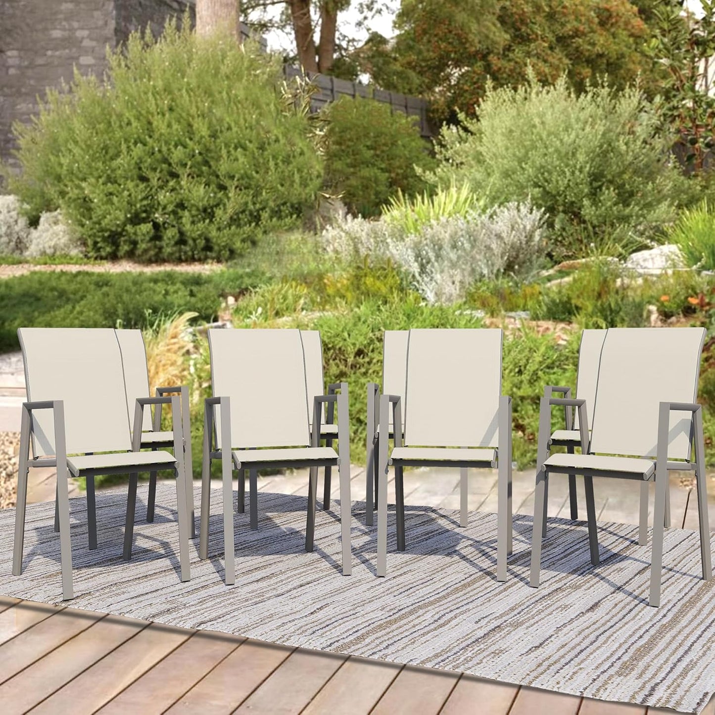 Outdoor Patio Chairs Set of 8, Ivory Beige Stackable Outdoor Chairs, Lightweight Patio Set with High Back, Metal Dining Chair for Lawn, Garden, Yard and Deck