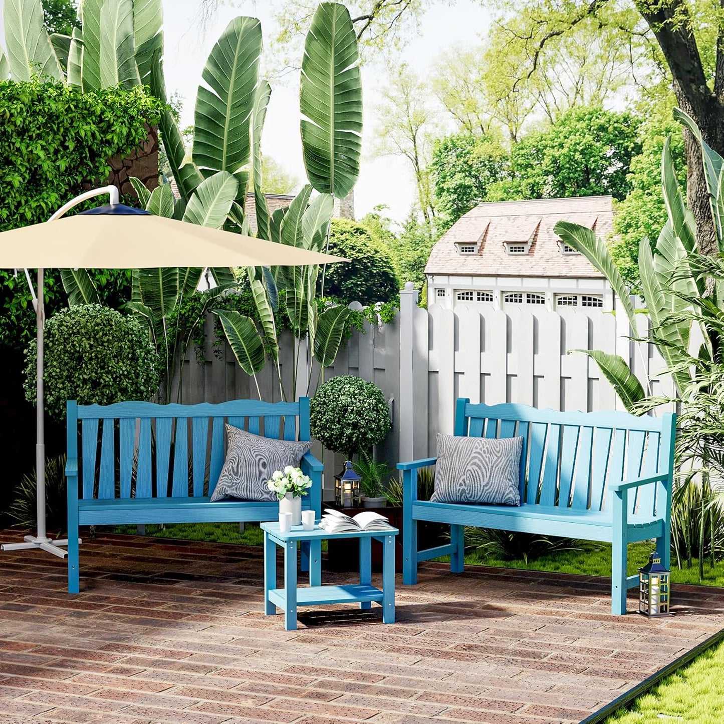 Outdoor Bench Set of 2, Weatherproof Garden Benches for Outdoors, All Weather HIPS Patio Bench Holds up to 800lbs, Never Rot or Fade, Comfort Bench for Porch Garden Patio Yard and Park