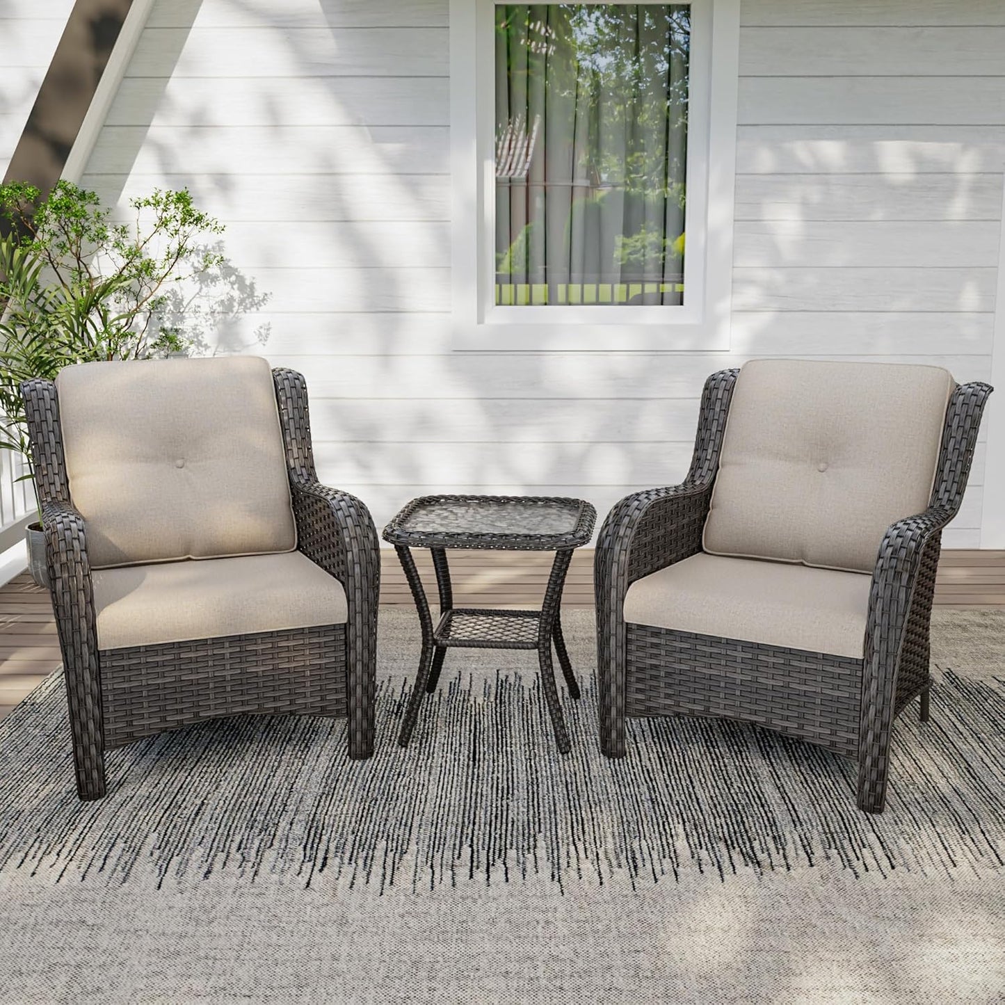 3 Pieces Outdoor Patio Chairs Set - Wicker Patio Conversation Sets with 1 Side Table, Olefin Fabric Cushions Suitable for Backyard Deck and Porch,Beige
